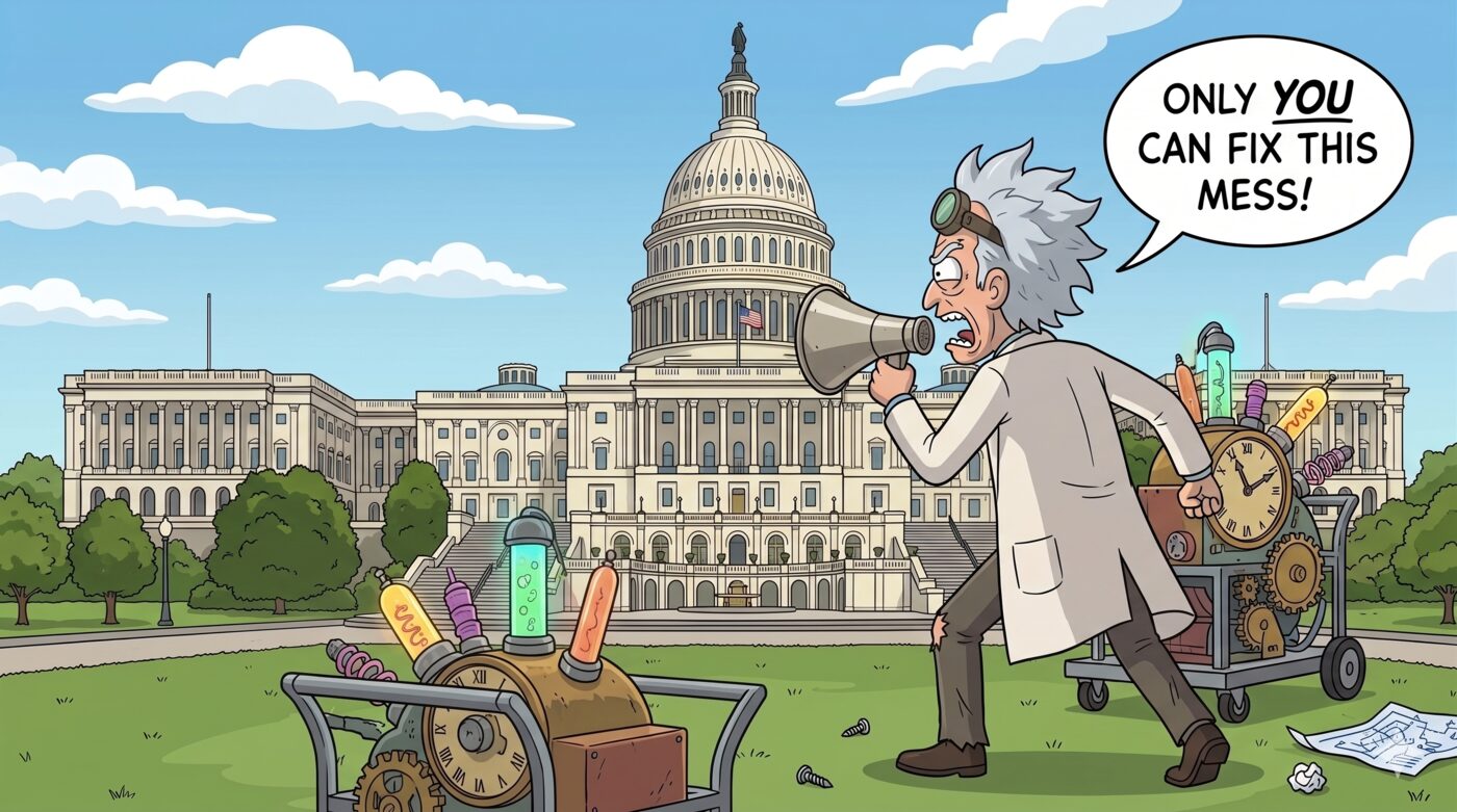 Cartoon: a wild-haired scientist in a lab coat shouts 'Only you can fix this mess!' through a megaphone in front of the U.S. Capitol, flanked by carts of beakers, gears, and clocks.