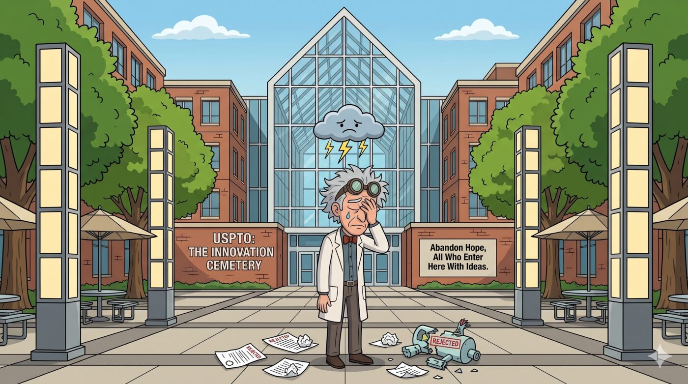 Cartoon: the white-haired inventor stands dejected under a small storm cloud in the plaza of a glass USPTO building, flanked by signs reading 'USPTO: The Innovation Cemetery' and 'Abandon Hope, All Who Enter Here With Ideas,' a broken invention and scattered papers at his feet.