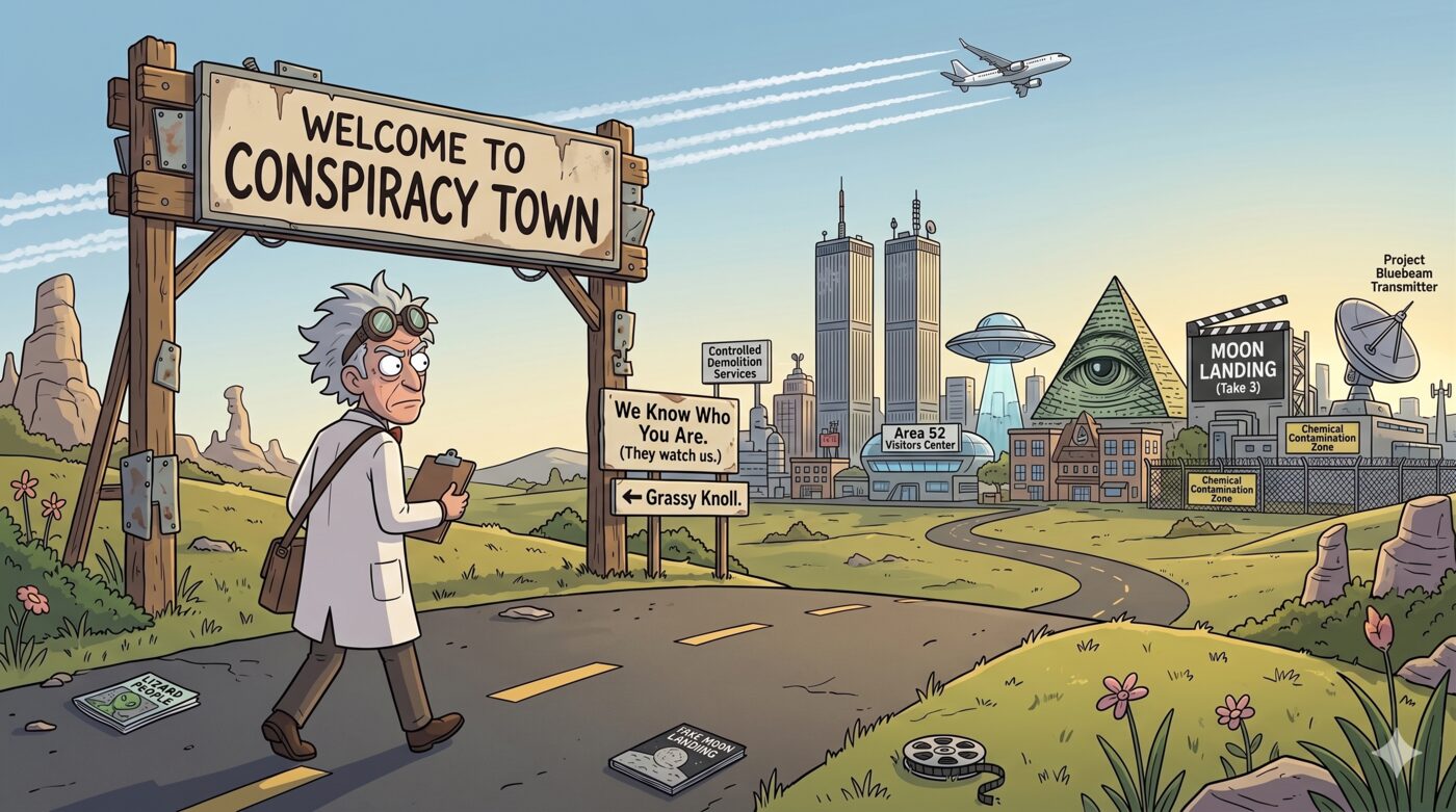 Cartoon: the wild-haired scientist in a lab coat walks a desert road beneath a 'Welcome to Conspiracy Town' sign, past twin towers, an all-seeing-eye pyramid, and a UFO, with signs reading 'Moon Landing (Take 2),' 'Area 52 Visitors Center,' 'We Know Who You Are,' 'Grassy Knoll,' and 'Controlled Demolition Services.'