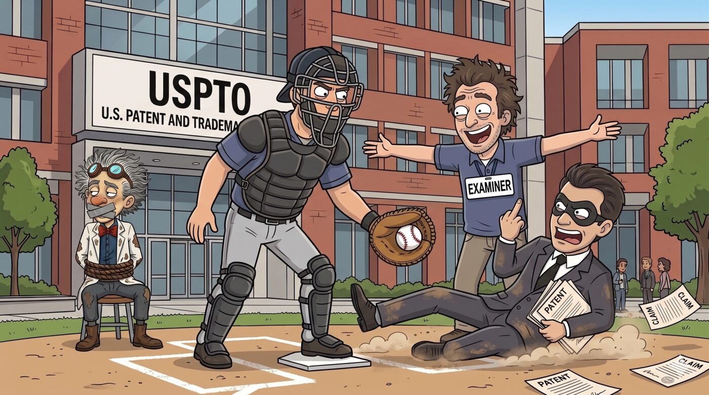 Cartoon of a baseball play outside the USPTO: an umpire crouches behind home plate as the 'EXAMINER' throws his arms up to signal safe for a masked figure in a suit sliding into the base clutching PATENT and CLAIM papers, while the inventor in a lab coat sits ignored on a stool at left.