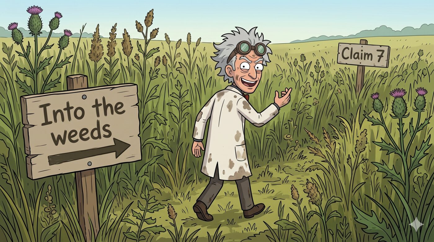 Cartoon of a wild-haired scientist in a stained lab coat and goggles walking down a path through tall weeds and thistles, between a wooden 'Into the weeds' signpost and a posted 'Claim 7' sign.