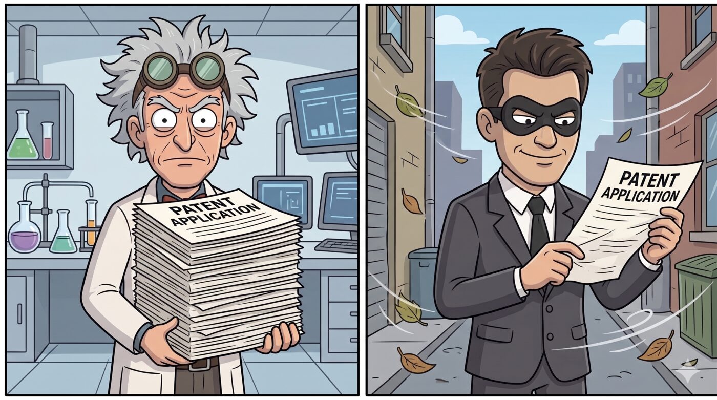 Two-panel cartoon: the goggled inventor in his lab cradles a tall, thick stack of papers labeled 'Patent Application'; the masked Corporate IP Pirate on a city street holds a single thin page labeled 'Patent Application.'