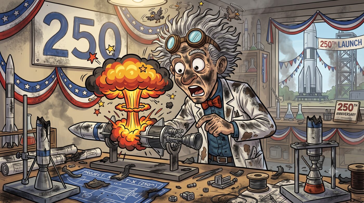 Cartoon: the model rocket on the workbench erupts in a fiery mushroom-cloud blast as the soot-covered inventor recoils in shock with cartoon birds circling his head, the scorched 'Project: Rocket-X (250th)' blueprint below and the '250th Launch' rocket still on its pad through the window.