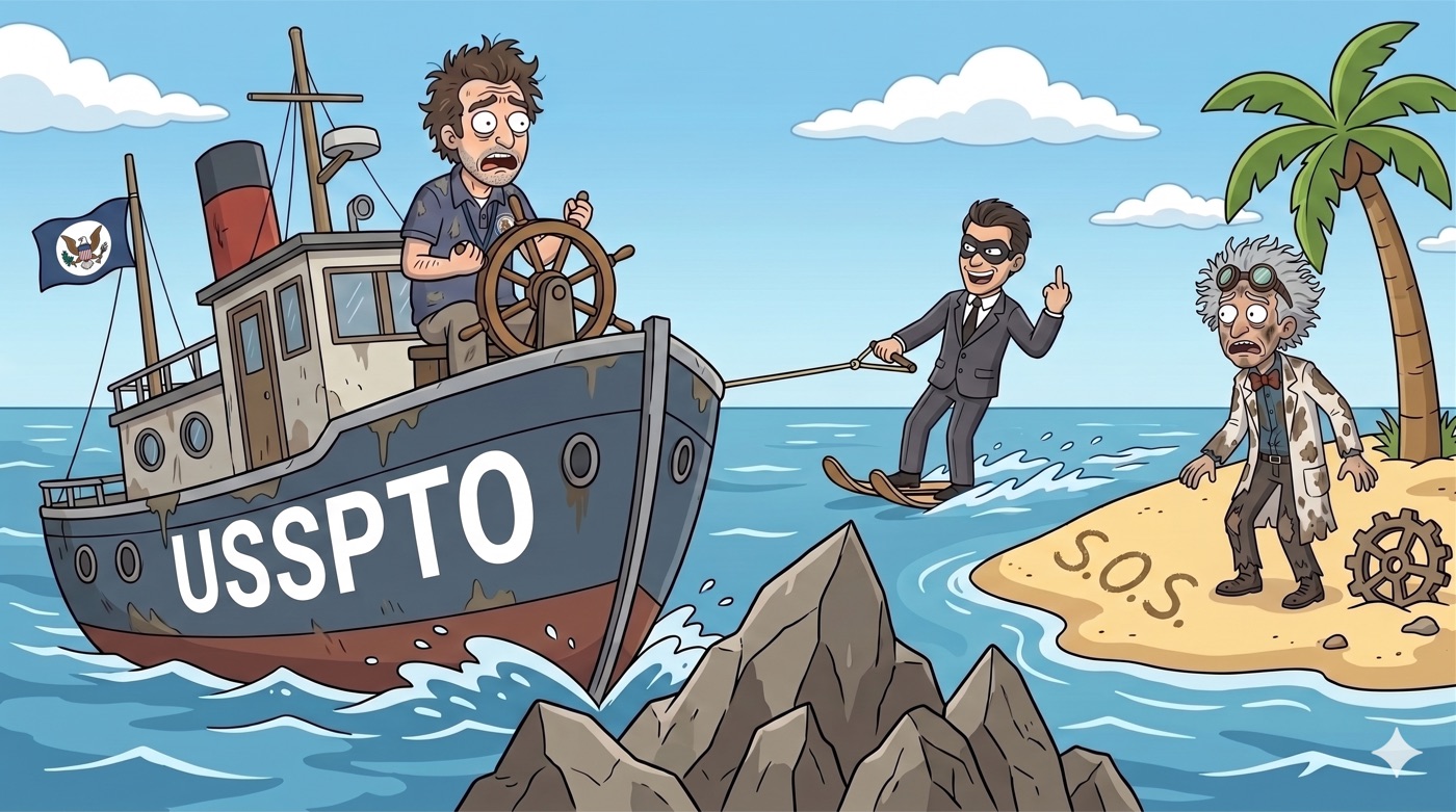 Cartoon: a steamboat labeled 'USSPTO' helmed by a tired examiner tows a smiling masked man on water skis past a wild-haired inventor marooned on a tiny island who has written 'S.O.S.' in the sand.