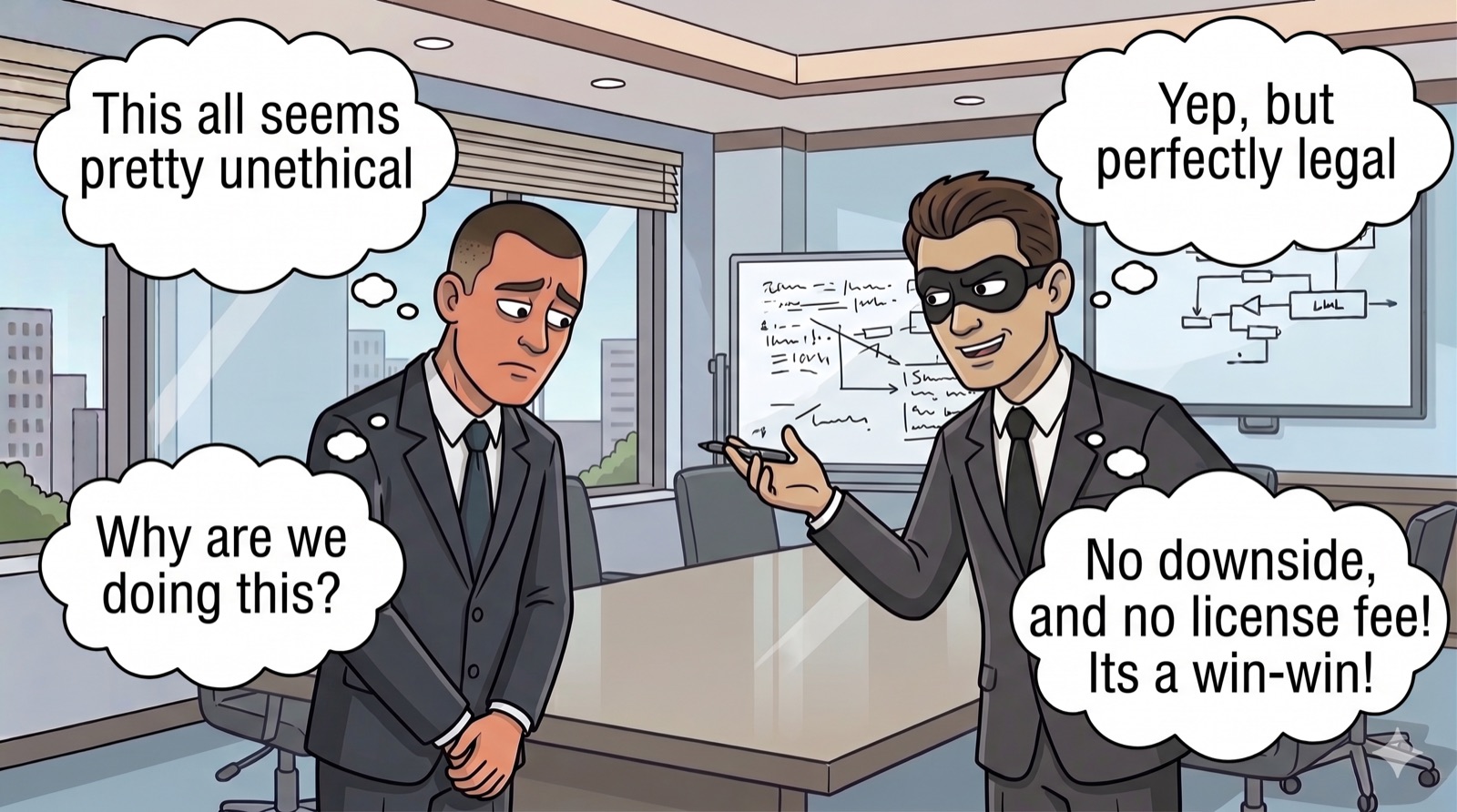 One figure says this all seems unethical; the masked figure replies 'perfectly legal.'