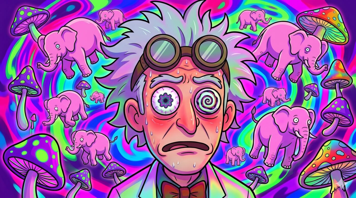 Cartoon: a wild-eyed scientist with a hypnotic spiral for one eye, sweating amid swirling psychedelic colors, pink elephants, and glowing mushrooms.