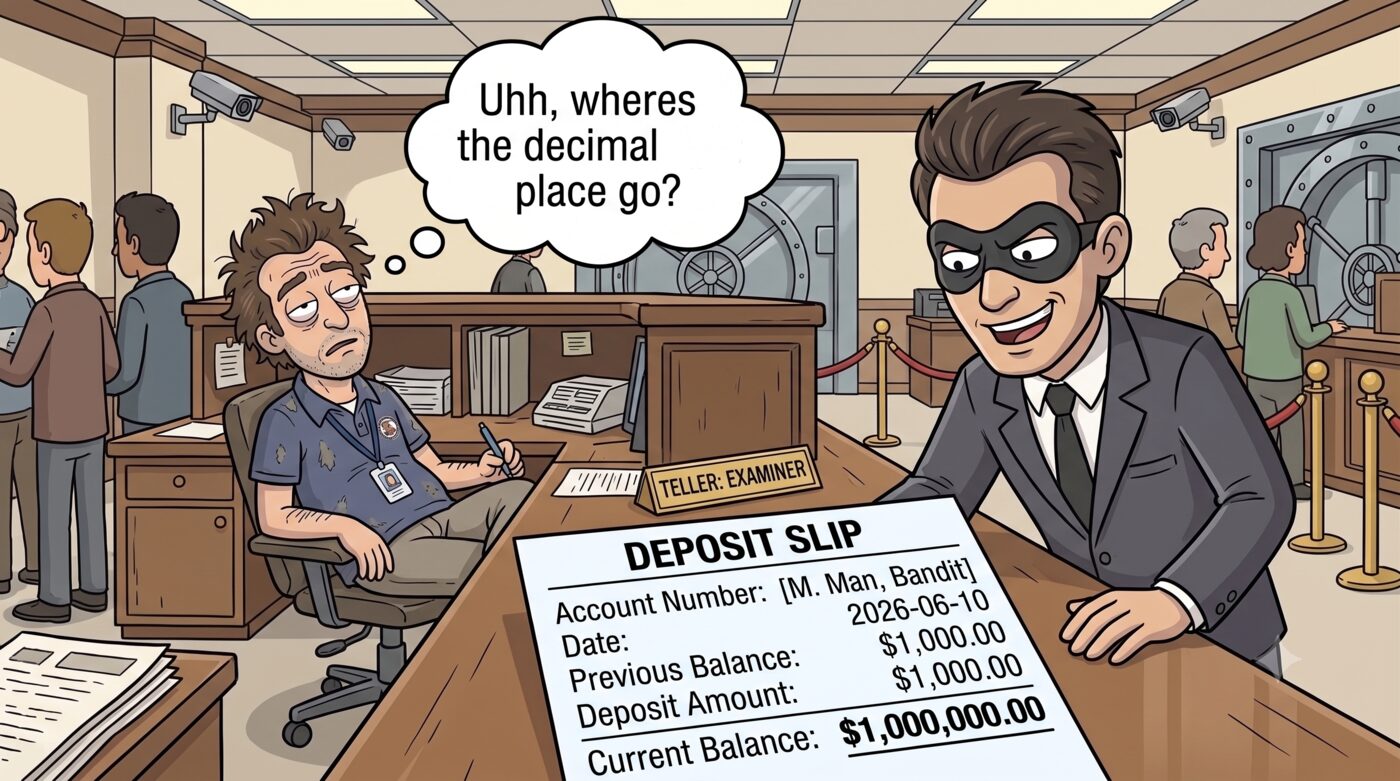 Cartoon: the masked, grinning Corporate IP Pirate in a suit at a bank counter, sliding over a deposit slip for a $1,000.00 deposit that shows a $1,000,000.00 balance, while a weary teller labeled 'TELLER: EXAMINER' thinks 'Uhh, where's the decimal place go?'