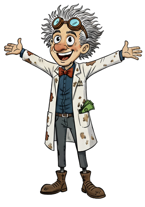 The original inventor mascot: a grinning grey-haired inventor in a stained lab coat with goggles on his forehead and a bow tie, arms thrown wide.