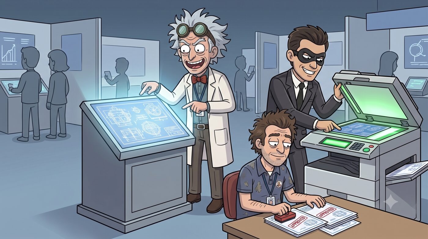 Cartoon: the goggled inventor proudly points at his glowing blueprints on an exhibition display while a masked thief in a suit photocopies them on a green-lit scanner and a weary examiner rubber-stamps the copies ‘APPROVED.’