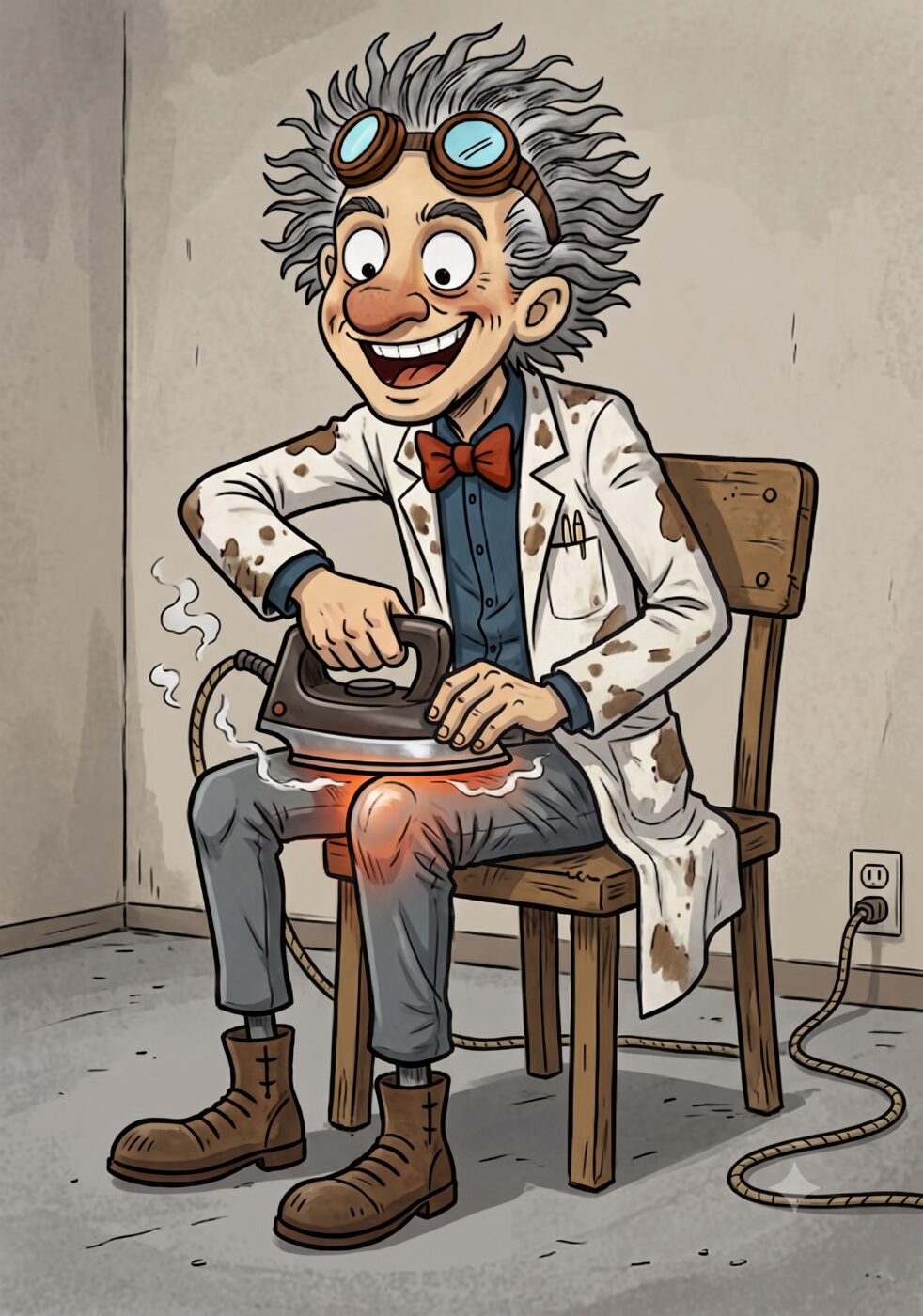 Cartoon: a wild-haired scientist in a stained lab coat grins obliviously while pressing a hot, steaming clothes iron onto his own thigh, the fabric glowing red beneath it.