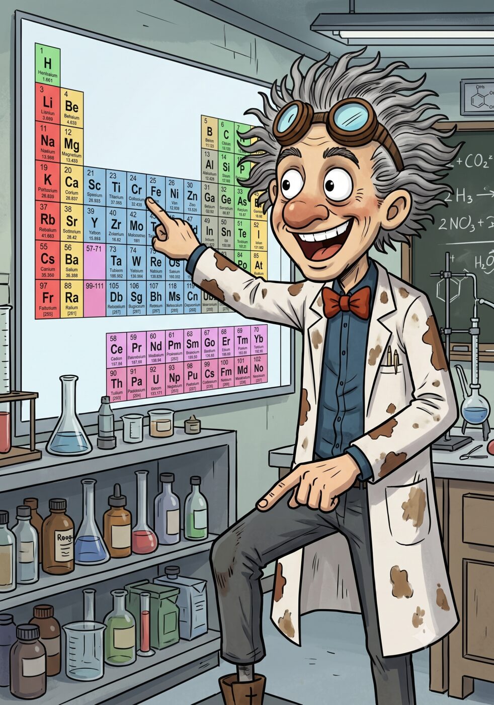 Cartoon: a grinning, wild-haired scientist in a stained lab coat, goggles pushed up on his head, gestures triumphantly at a periodic table in a chemistry lab full of beakers and flasks.