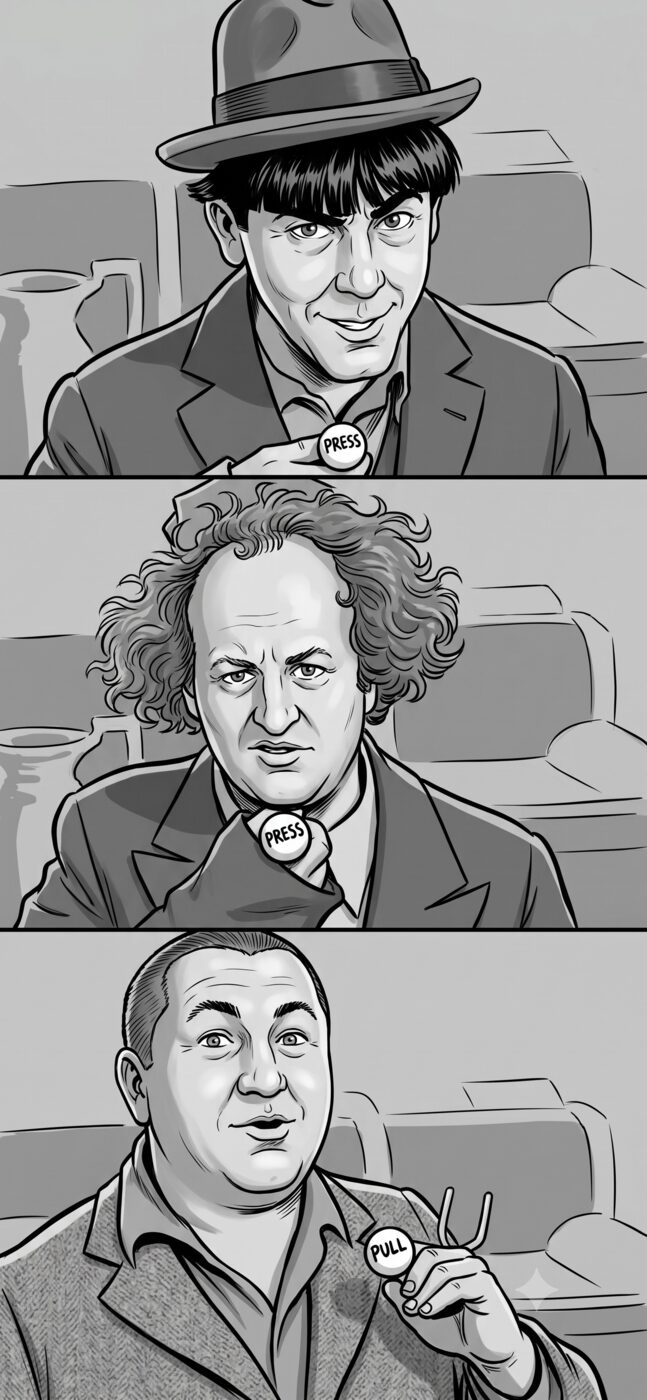 Three-panel caricature of the Three Stooges, each wearing a badge reading PRESS, PRESS, and PULL.