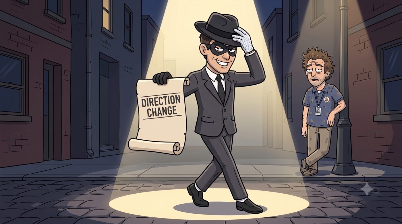 Cartoon: the masked Corporate IP Pirate dressed as Michael Jackson — black fedora, single sequined white glove, black suit — strikes a pose in a street spotlight holding a scroll labeled 'DIRECTION CHANGE,' while the weary inventor watches from a lamppost.