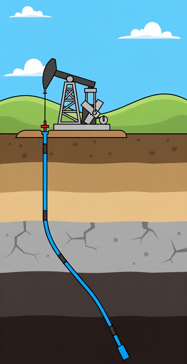 Diagram: a pumpjack on a grassy surface above a cross-section of the wellbore descending through layered rock strata, with the rod string running down a slightly crooked well to the pump at the bottom.