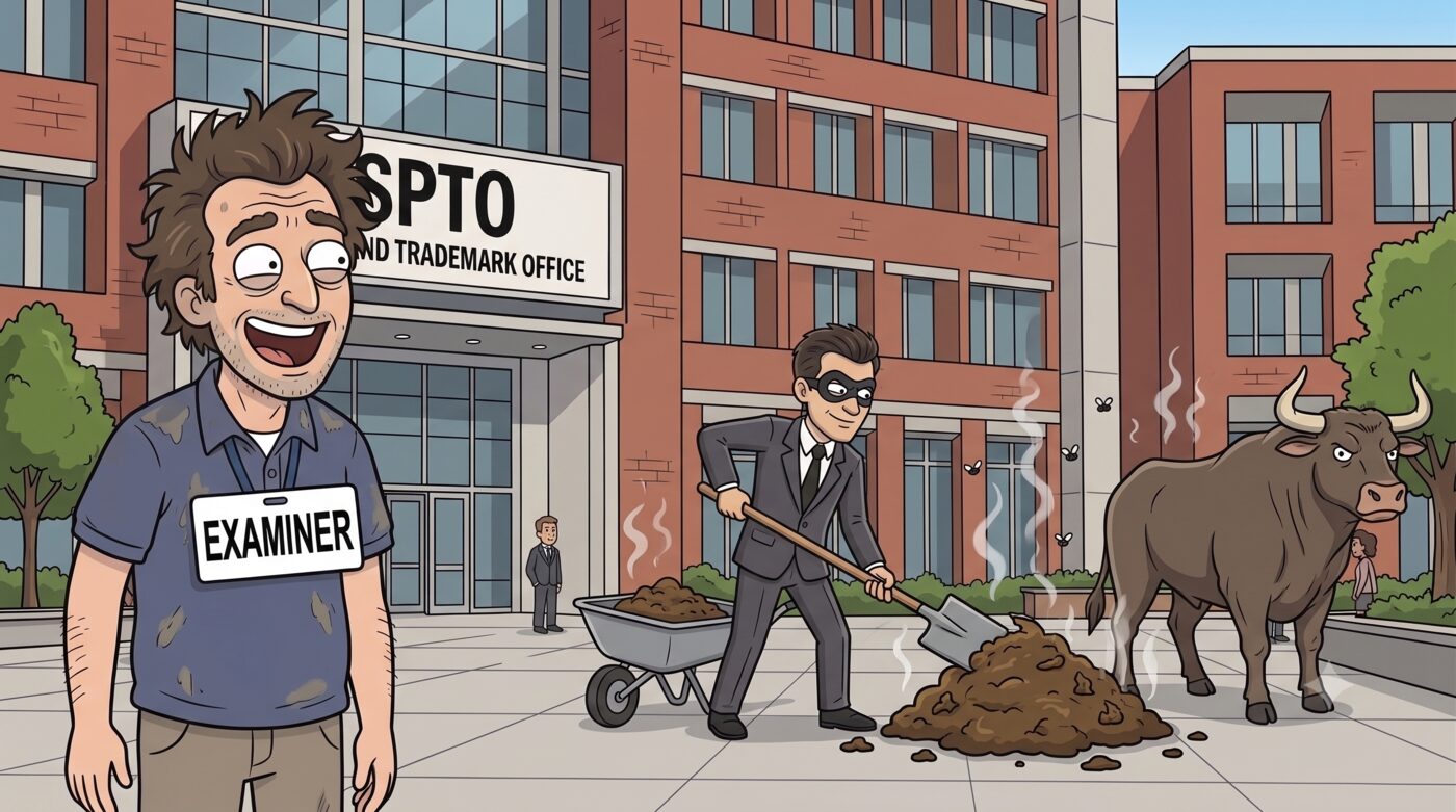 Cartoon: in front of the USPTO building, the masked Corporate IP Pirate in a suit shovels a steaming pile of manure, a bull standing beside it, while a grinning, disheveled examiner wearing an 'EXAMINER' badge looks on approvingly.