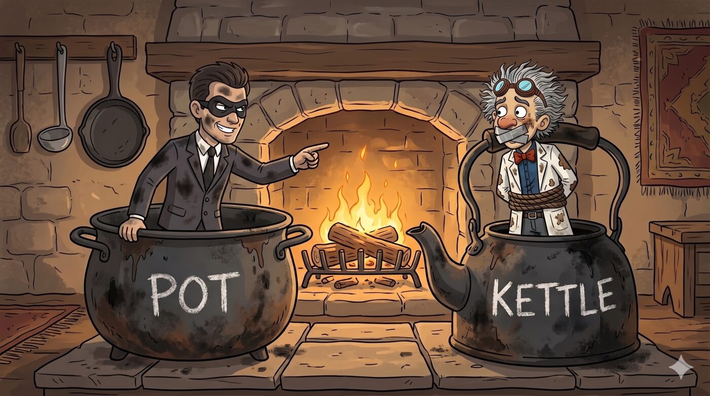 Cartoon: a masked thief in a suit stands in a black cauldron labeled 'POT' pointing across a fireplace at the goggled inventor in a black kettle labeled 'KETTLE.'