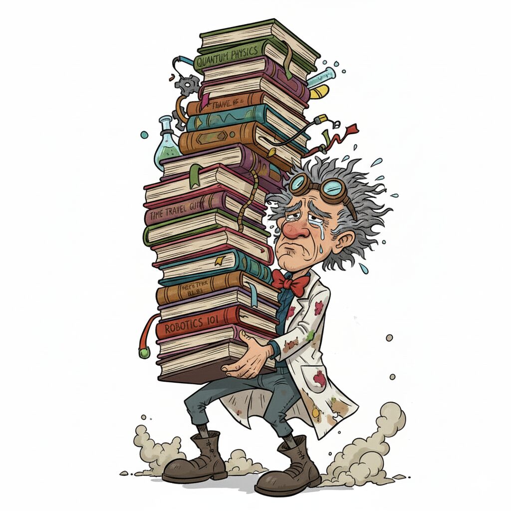 Cartoon: the goggled inventor in a lab coat staggers under a towering, teetering stack of legal books and volumes.