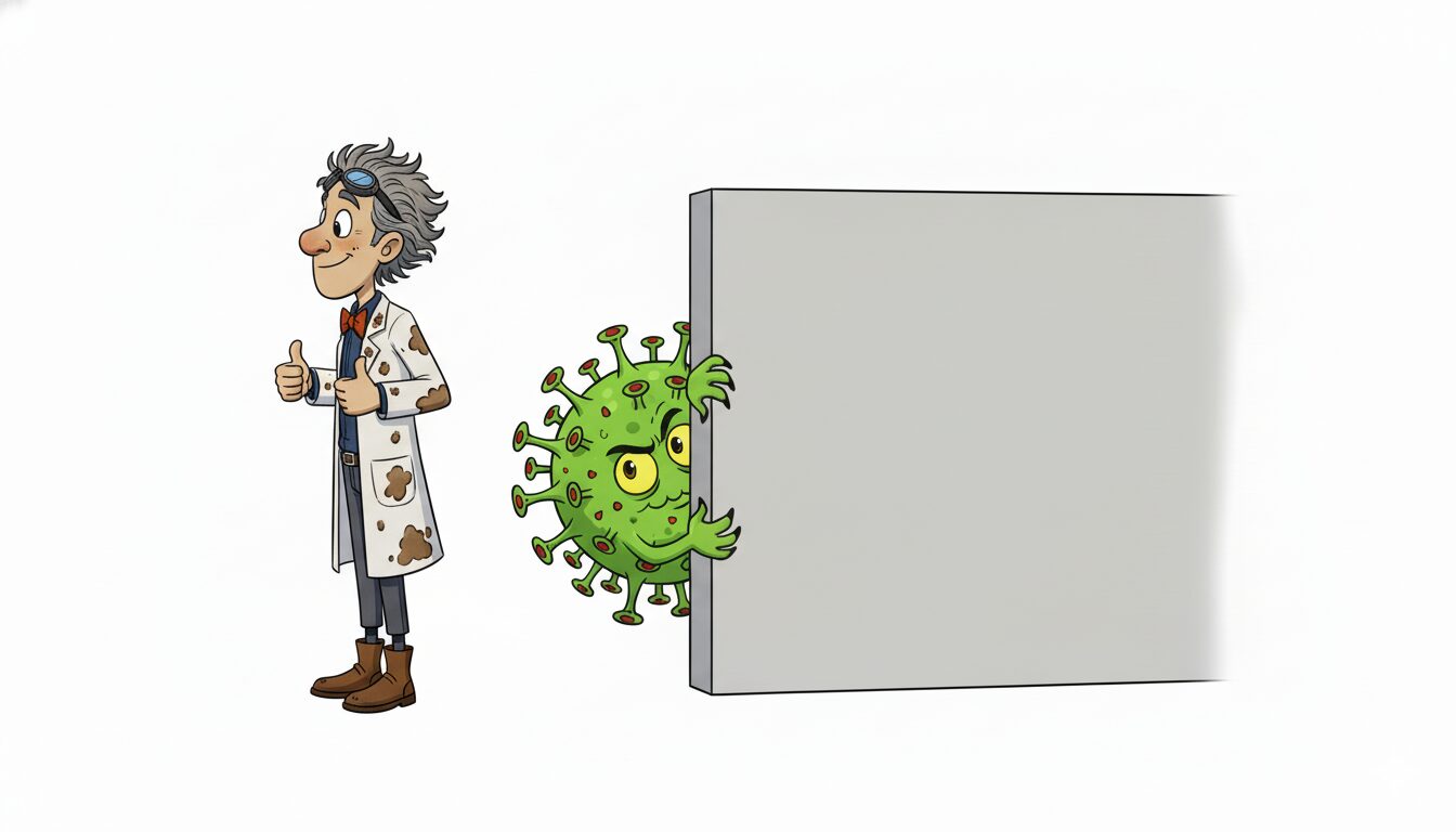 Cartoon: an inventor in a lab coat and goggles gives a cautious thumbs-up while a grinning green virus character lurks behind a large blank gray panel beside him.