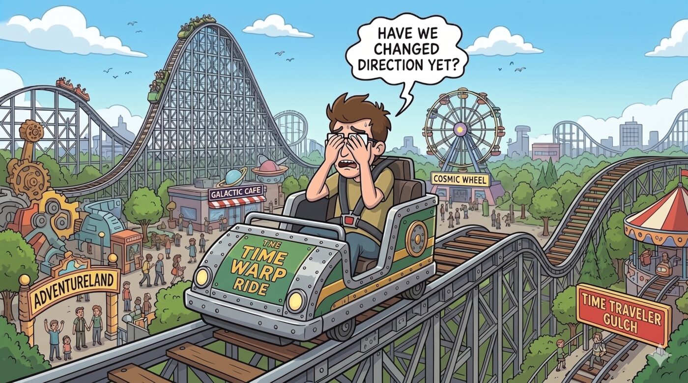 Cartoon: a man rides the ‘Time Warp Ride’ rollercoaster with both hands over his eyes, a speech bubble asking “Have we changed direction yet?” amid a theme park of coasters and a Ferris wheel.