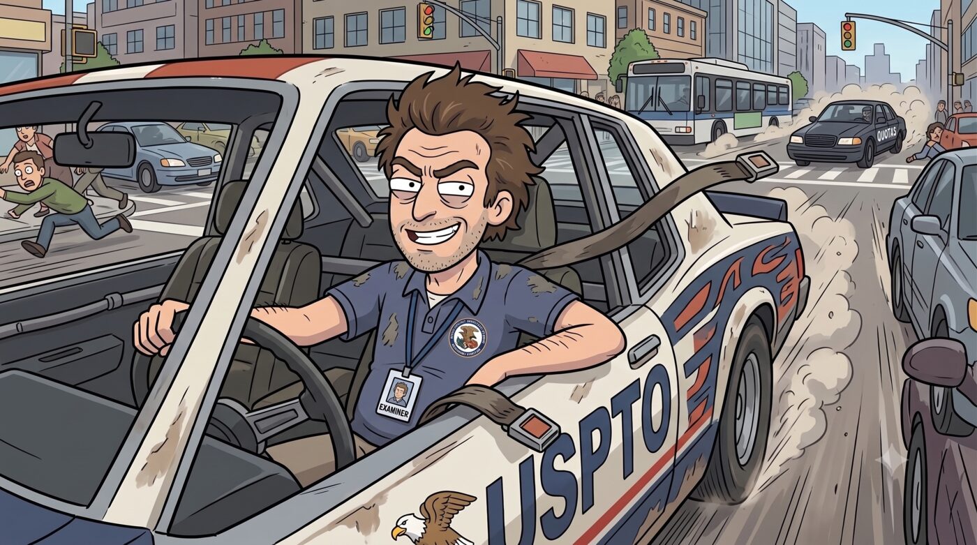 Cartoon close-up: a grinning USPTO examiner with an 'EXAMINER' ID badge drives a battered car marked 'USPTO' with an eagle decal, the unbuckled seatbelt dangling loose at his side, while a 'QUOTAS' police cruiser and fleeing pedestrians blur past.