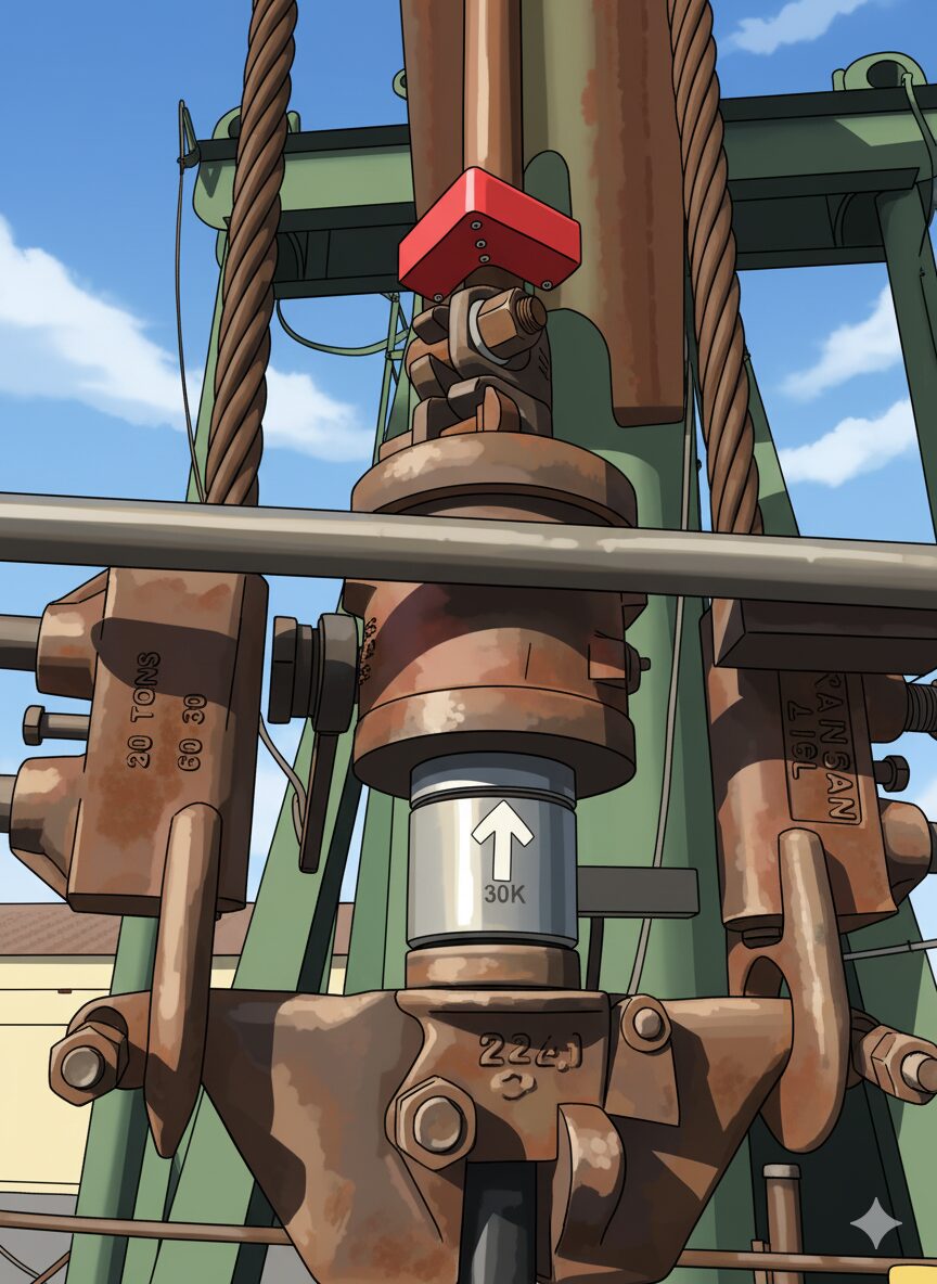 Stylized illustration of a pumping unit's polished-rod clamp and rod rotator with a red sensor module mounted on top and an up-arrow marking the rod, against a blue sky.