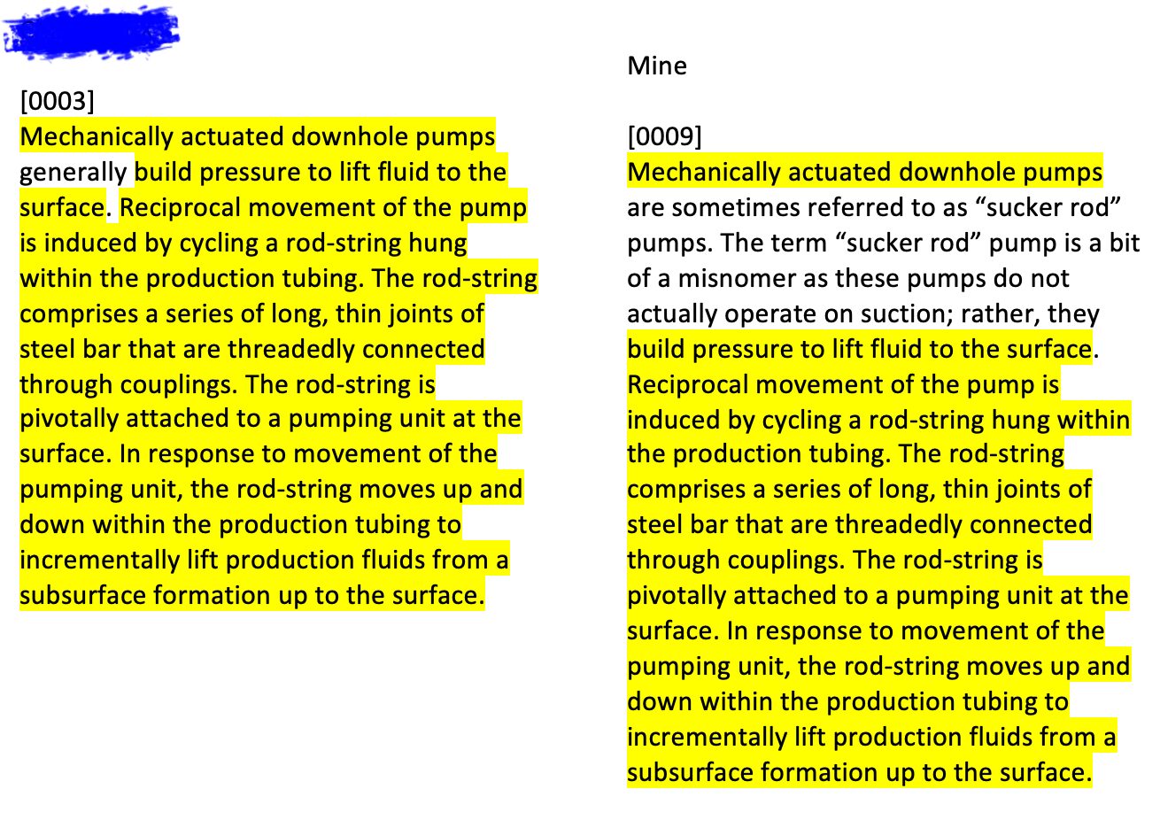 Side-by-side comparison: their paragraph [0003] and my paragraph [0009], with the identical 'long, thin joints of steel bar that are threadedly connected through couplings' rod-string passage highlighted in both columns.