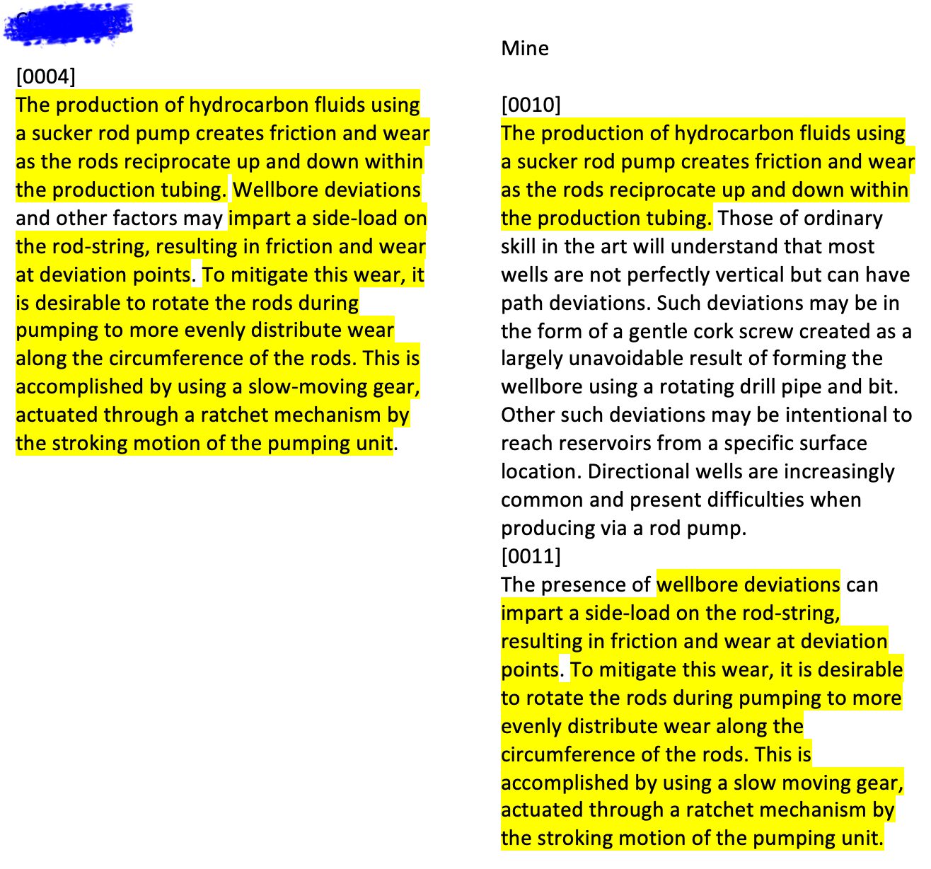 Side-by-side comparison: their paragraph [0004] and my paragraphs [0010]-[0011], with matching language about a sucker-rod pump causing friction and wear and rotating the rods via a ratchet mechanism highlighted in both columns.