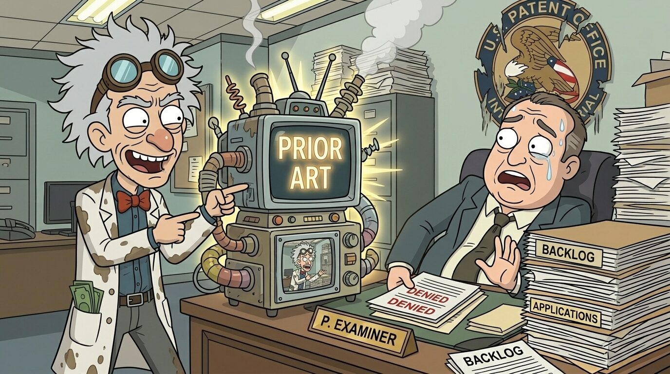 Cartoon: the goggled inventor eagerly points at a steaming 'Prior Art' contraption on a 'P. Examiner' desk, while a sweating, overwhelmed examiner waves it off beside 'Denied' stamps and towering 'Backlog' and 'Applications' stacks under the U.S. Patent Office seal.